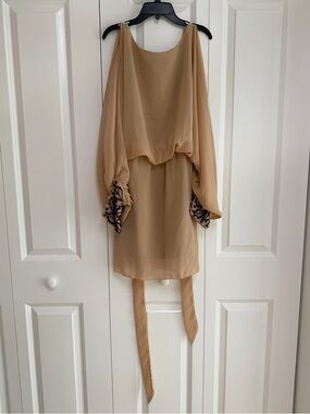 Romeo & Juliet Couture Beige Sheer Sleeve Dress Medium Tie Waist Boho